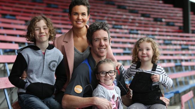 Western bulldog skipper Bob Murphy with wife Justine and children Jarvis, Frankie and Delilah at the Whitten Oval. Picture: Michael Klein