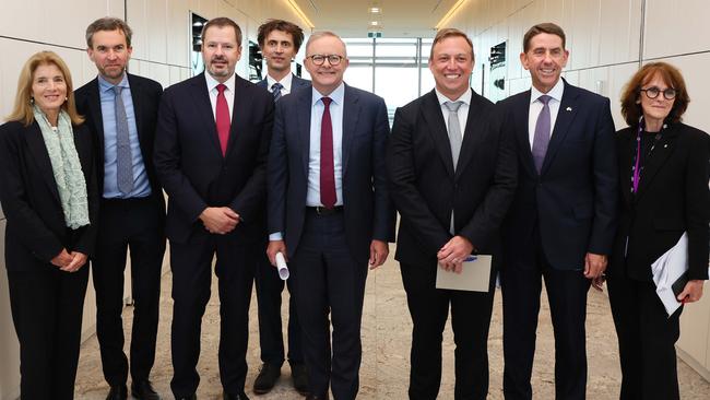 US ambassador Caroline Kennedy, left, Industry and Science Minister Ed Husic, Anthony Albanese, Queensland Premier Steven Miles and Deputy Premier Cameron Dick with PsiQuantum co-founders at the $1bn announcement in Brisbane this week. Picture: NCA NewsWire/Tertius Pickard