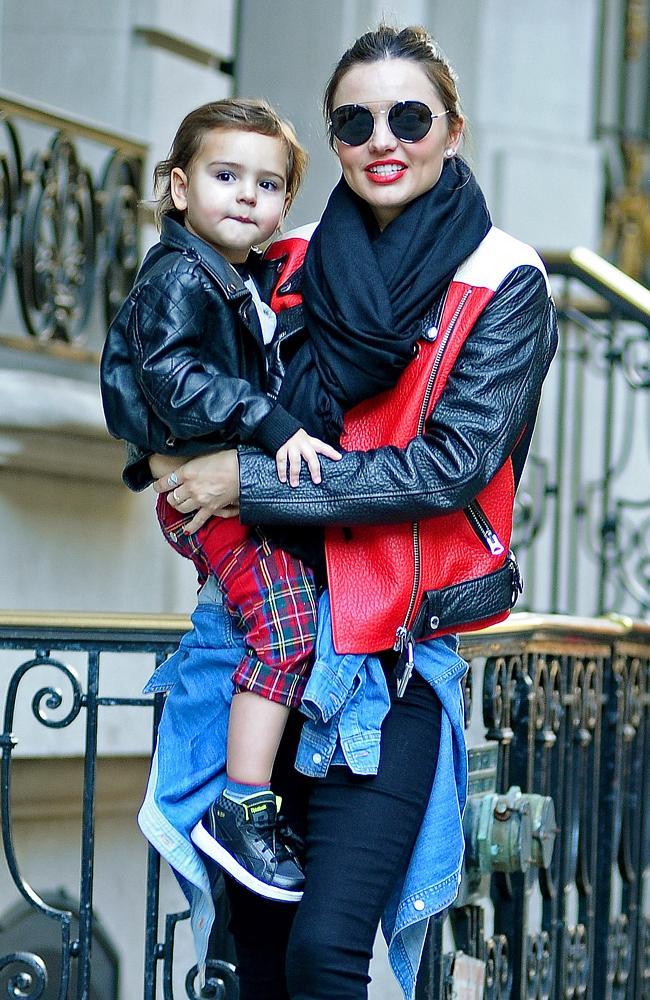 Miranda Kerr and son Flynn step out in matching leather jackets in New York City. Picture: Splash