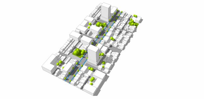 In this example, the method of fine-grain, mixed-use spaces also increases the amount of public realm and walking and cycling options. Picture: RobertsDay