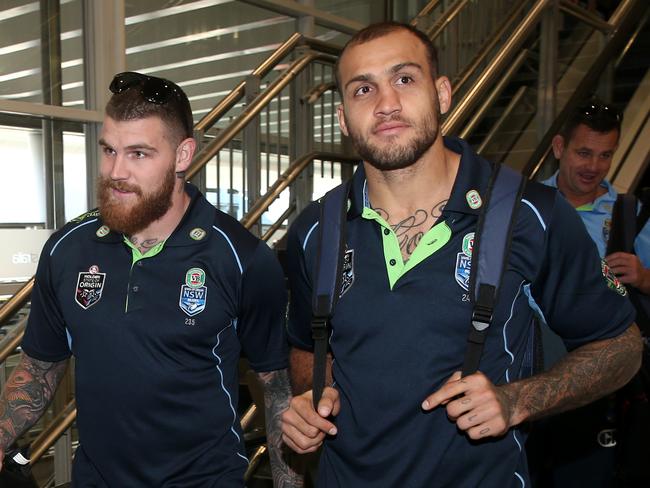 Josh Dugan and Blake Ferguson pictured arriving in Sydney after returning from the NSW Blues training camp at Coffs Harbour. Dugan will miss Origin 1 in Sydney due to an elbow injury.Picture: Richard Dobson