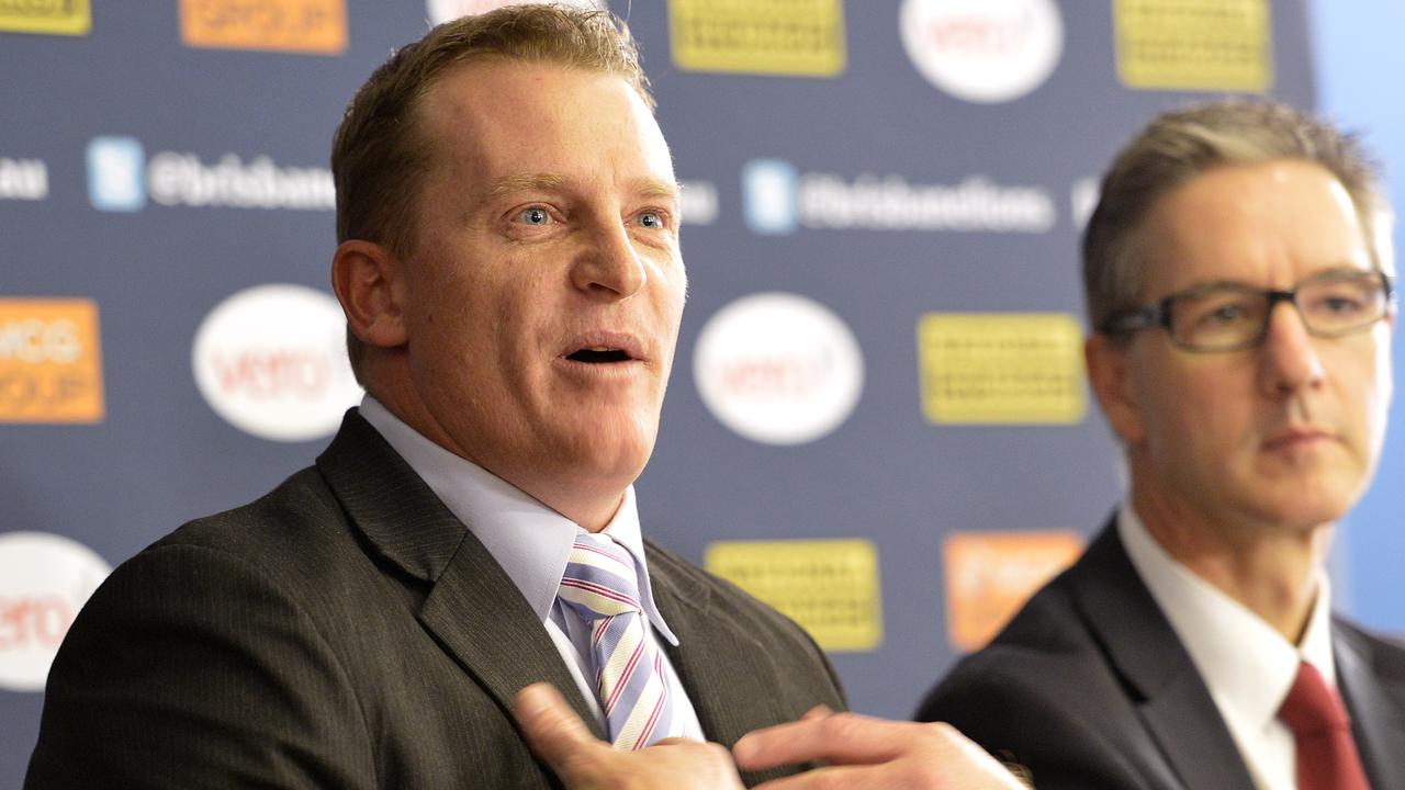 Michael Voss speaks to the media in 2013 after being sacked by the Lions. Picture: AAP Images