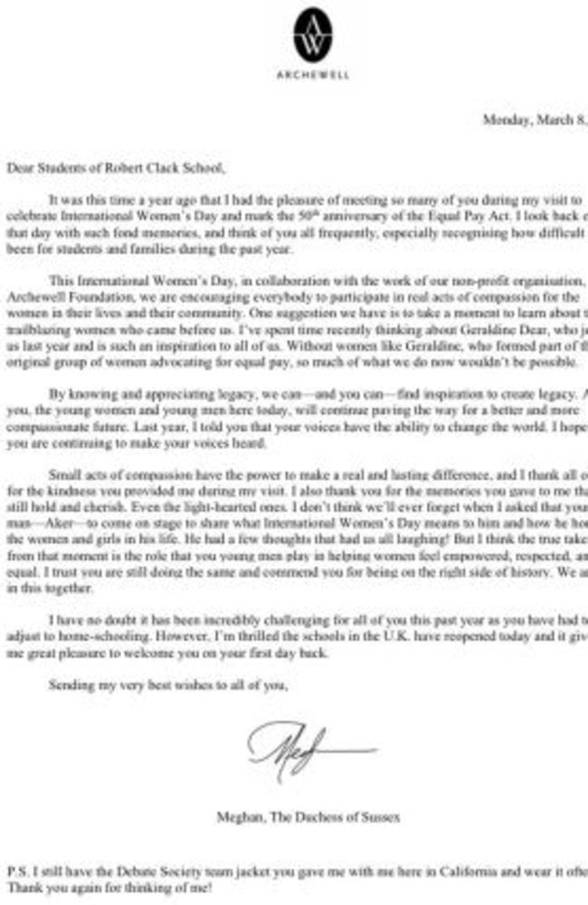 This letter was sent by Prince Harry and Meghan Markle to the Robert Clack School, and features their new monogram. Picture: Twitter