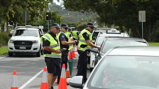 Gold Coast police were out in force at Currumbin Waters conducting roadside testing to crack down on drink and drug-affected driving. Picture Glenn Hampson