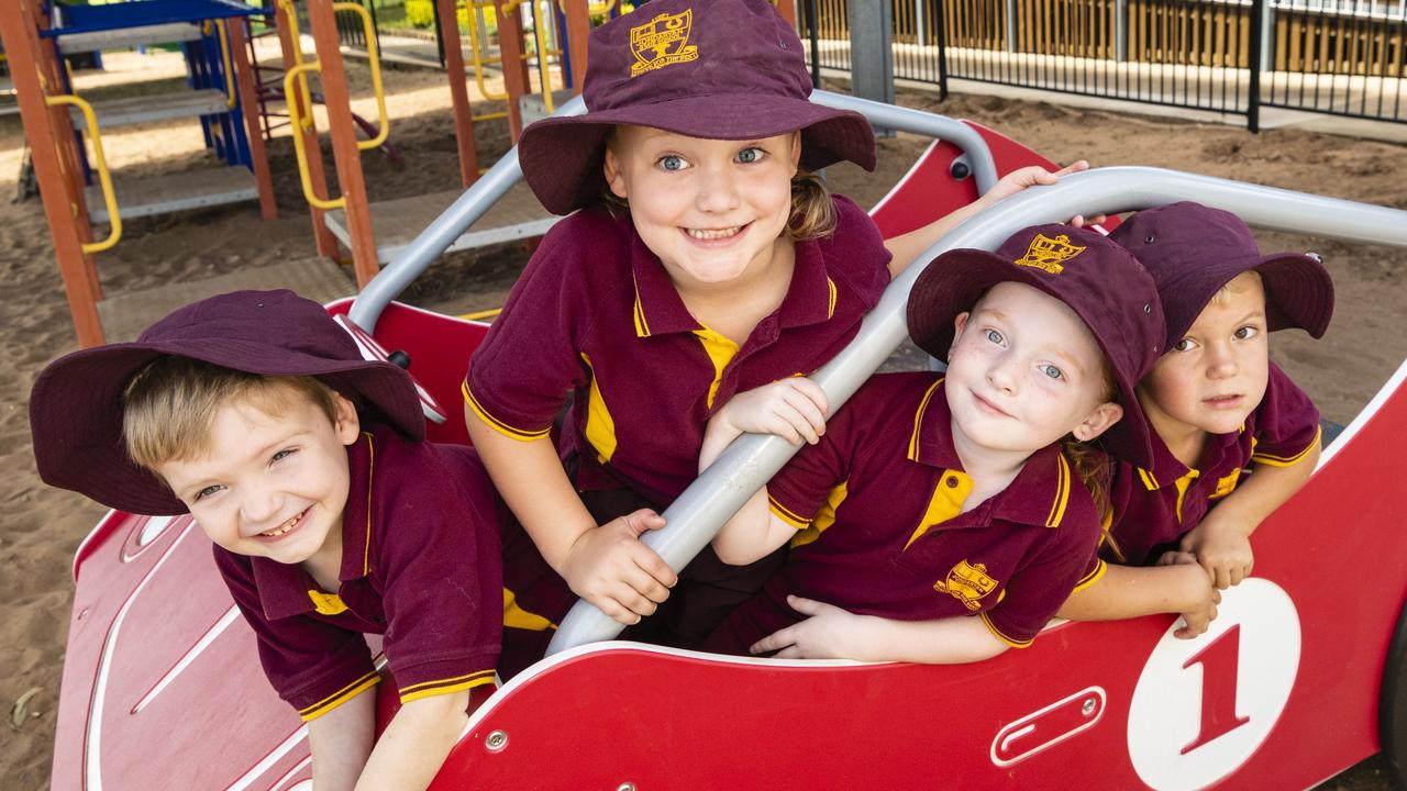 My First Year 2022: Jondaryan State School Prep students (from left) Quinton, Dusty, Piper and Kory, Friday, March 18, 2022. Picture: Kevin Farmer