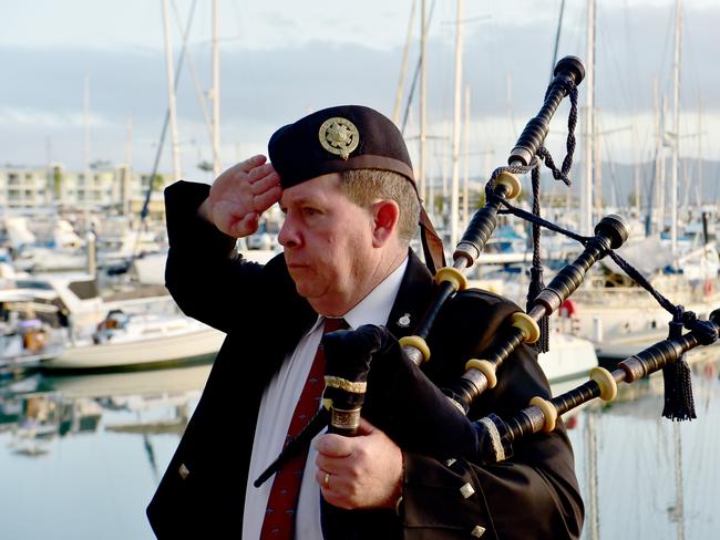 Commemoration dawn service for 80th anniversary of the Battle of the Coral Sea at Anzac Park, Townsville. Pipe Major for the Veterans and Families Pipe Band John Ferguson. Picture: Evan Morgan