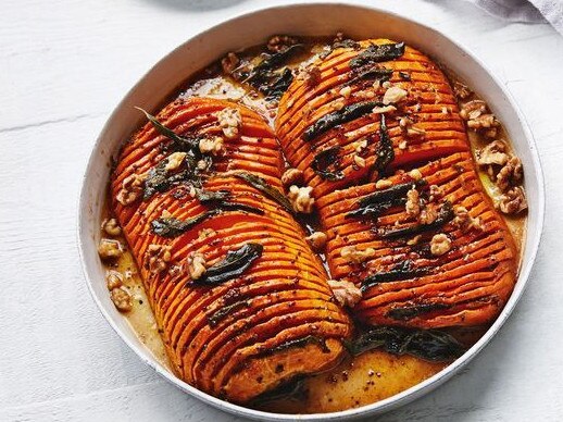 Hasselback pumpkin with sage and walnuts.