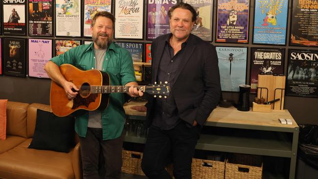 John Collins, right, and Thomas Busby (of Busby Marou) at Brisbane music venue The Triffid, ahead of an event marking its 10th anniversary. Picture: Andrew McMillen