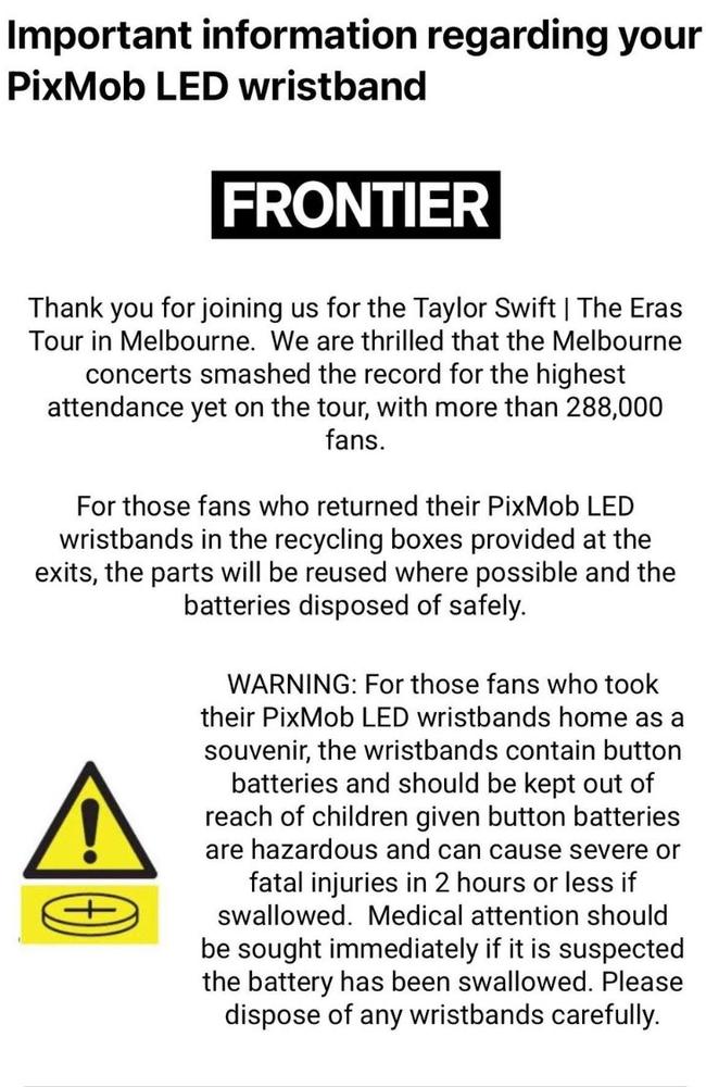 Frontier Touring's message to Melbourne attendees over the LED wristbands distributed at Taylor Swift's shows.