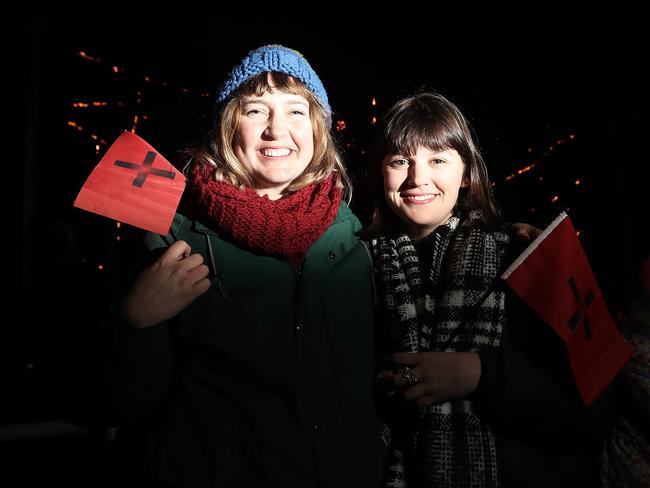 Friends Ashton Malcolm and Elizabeth Hay after watching the Ogoh-Ogoh burn at The Burning at Dark Park. Picture: LUKE BOWDEN