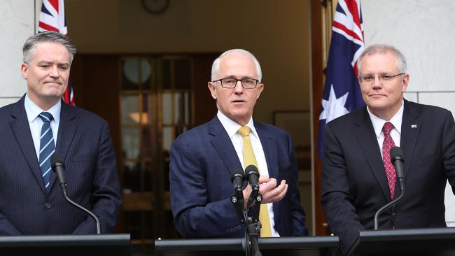 Mathias Cormann, Malcolm Turnbull and Scott Morrison hold a press conference. Picture: Kym Smith