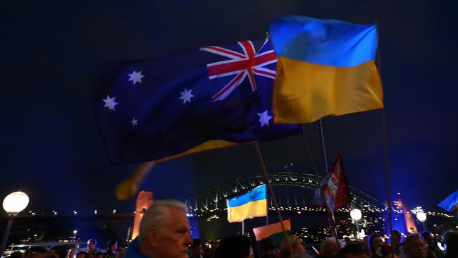 Ukrainian supporters attend a rally at the Sydney Opera House. Picture: Mark Metcalfe/Getty Images