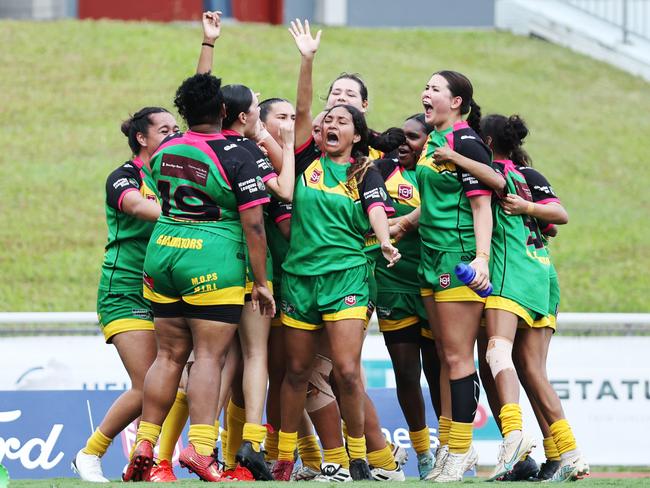 Mareeba players celebrate winning the Far North Queensland Rugby League (FNQRL) Under 17 girl's grand final match between the Mareeba Gladiators and the Innisfail Leprechauns, held at Barlow Park. Picture: Brendan Radke