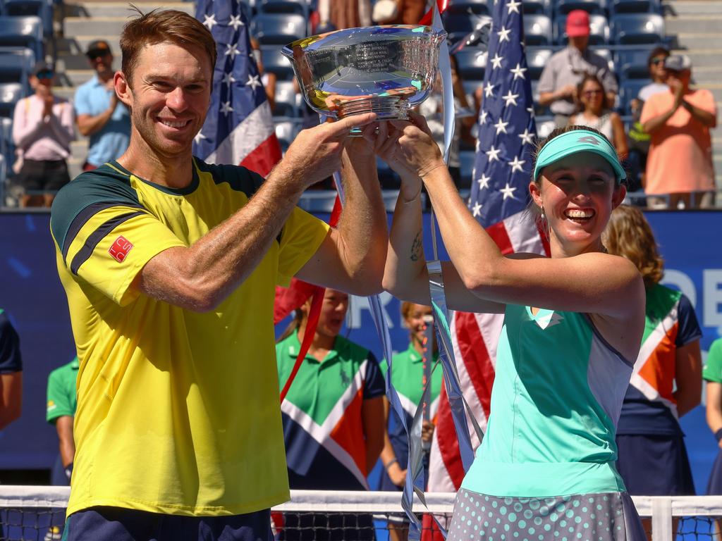 Rockhampton-born Storm Sanders and playing partner John Peers celebrate their three-set win in the mixed doubles at the US Open. (Photo by Mike Stobe/Getty Images)