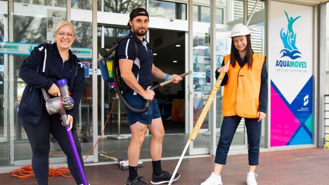 Aquamoves Shepparton staff getting ready to tackle to huge job of recovering after flood water damaged the majority of the centre’s fitness facilities. Image: Aquamoves.