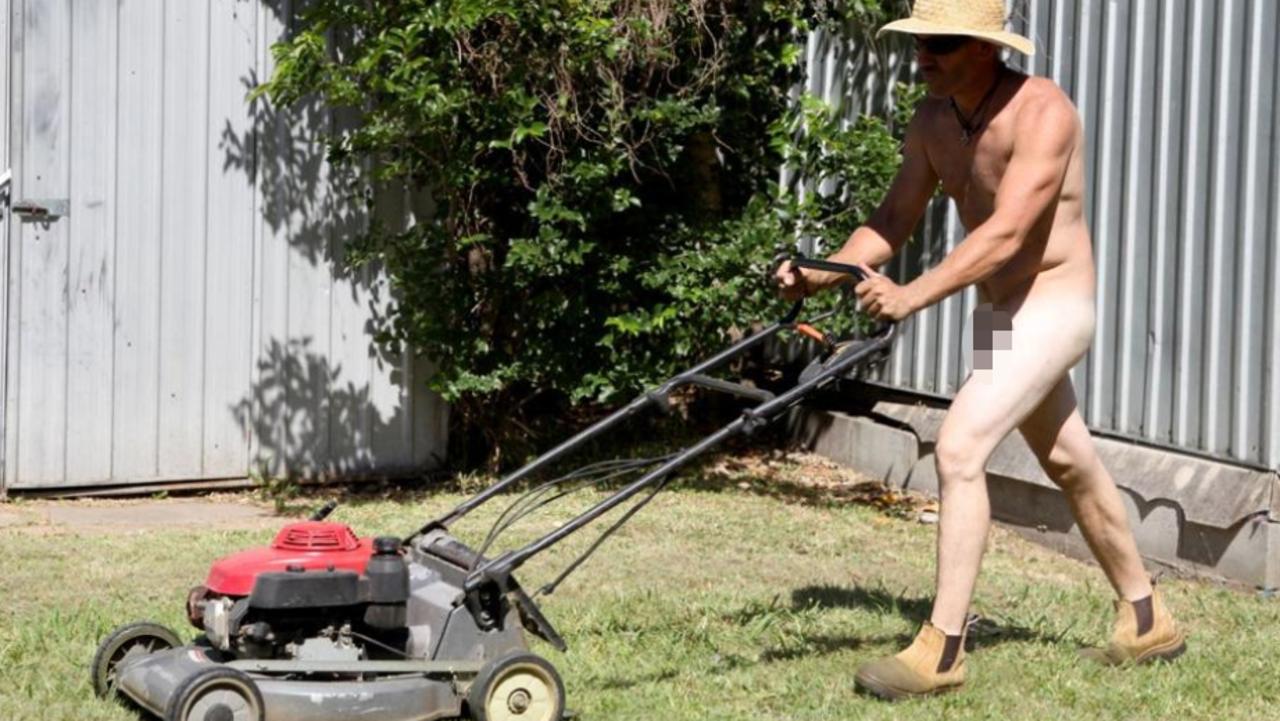 Naked Man Mowing The Lawn