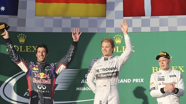 Red Bull driver Daniel Ricciardo, Mercedes’ Nico Rosberg and McLaren’s Kevin Magnussen sh