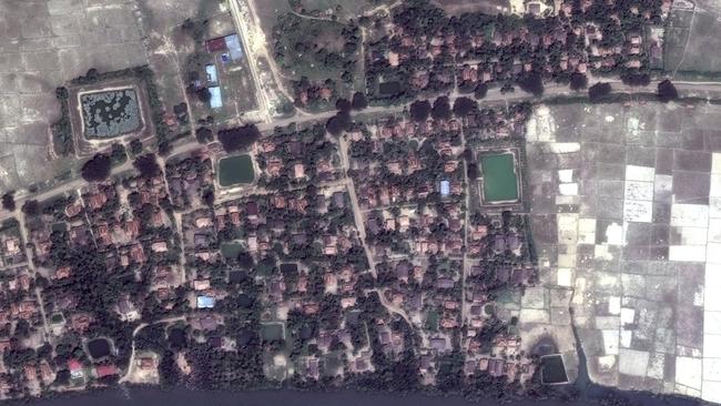 This satellite image shows an aerial overview of the village of Gu Dar Pyin, Myanmar. (DigitalGlobe via AP)