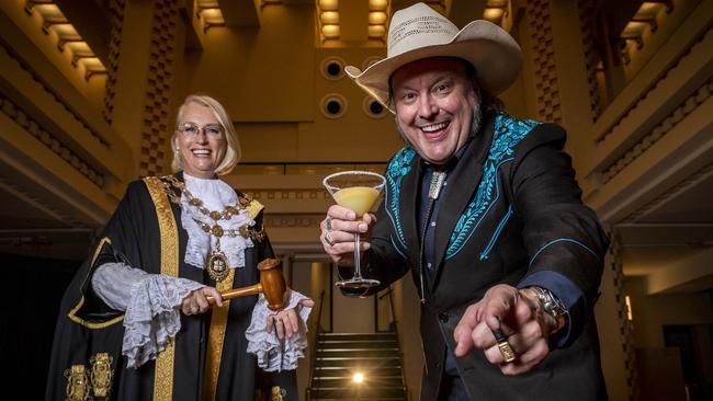 Lord Mayor Sally Capp and Chairman of the Night candidate James Young at The Capitol. Picture: Jake Nowakowski