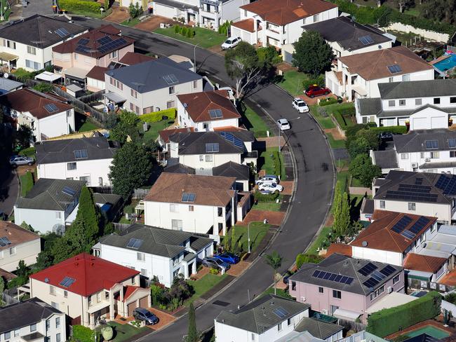 SYDNEY, AUSTRALIA - NewsWire Photos MARCH 24, 2021: An Aerial view of the Housing Market in the Western Sydney region where many homes have solar panels installed on the rooftops, Sydney Australia. Picture: NCA NewsWire / Gaye Gerard