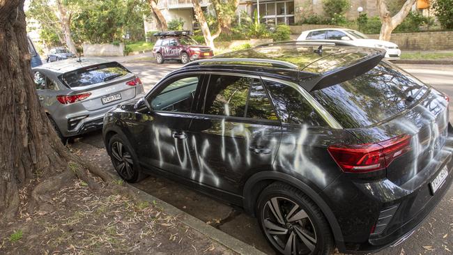 Cars were damaged overnight with Anti-Israel graffiti. Picture: NewsWire / Jeremy Piper