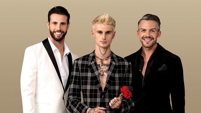 Jed McIntosh (centre) with Felix Von Hofe and Thomas Malucelli in promo pictures for their upcoming season of The Bachelor. Picture: Channel 10