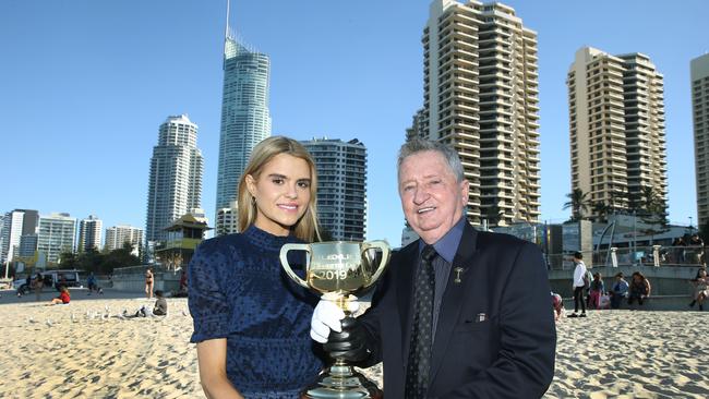 Melbourne model Jasmine Chilcott with John Letts with the Melbourne Cup in Surfers Paradise earlier this year. Picture: Glenn Hampson