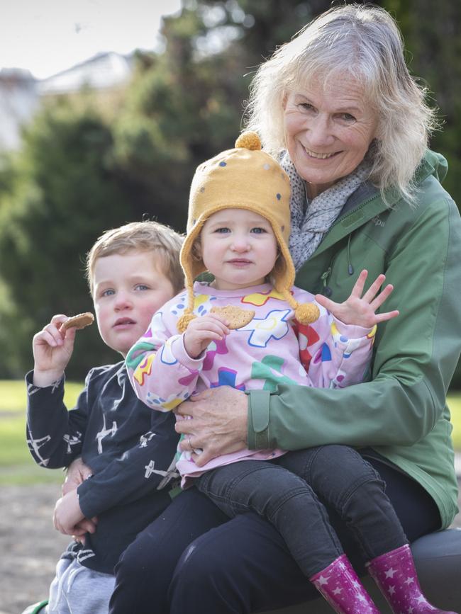 Rosie Leworthy with her grandchildren Henry 4 and Lucy 2 at Princes Park. Picture: Chris Kidd