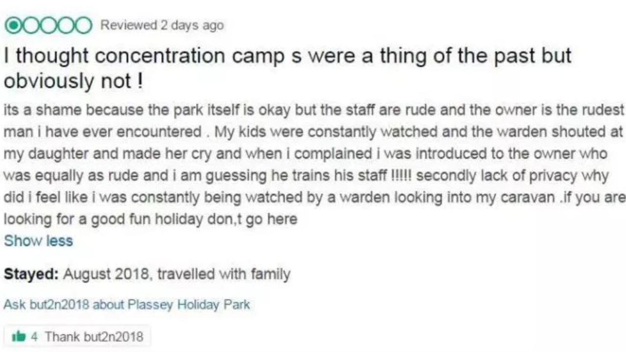 The original complaint about the caravan park on TripAdvisor. Picture: Daily Post