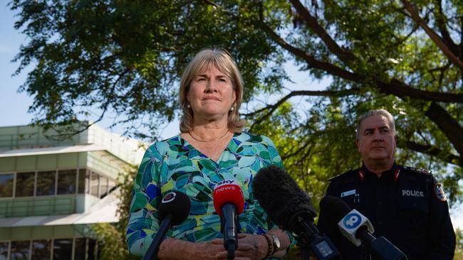 Northern Territory Chief Minister Eva Lawler and Northern Territory Police Commissioner Michael Murphy at the press conference in Alice Springs. Picture: Pema Tamang Pakhrin