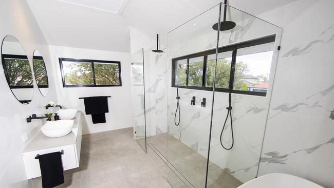 One of the bathrooms in the Broadbeach Waters house that House Rules winners Aaron and Daniella Winter have renovated. Picture: Nigel Hallett.