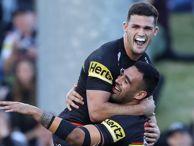 Tyrone May and Nathan Cleary celebrate a try. Photo by Matt Blyth/Getty Images