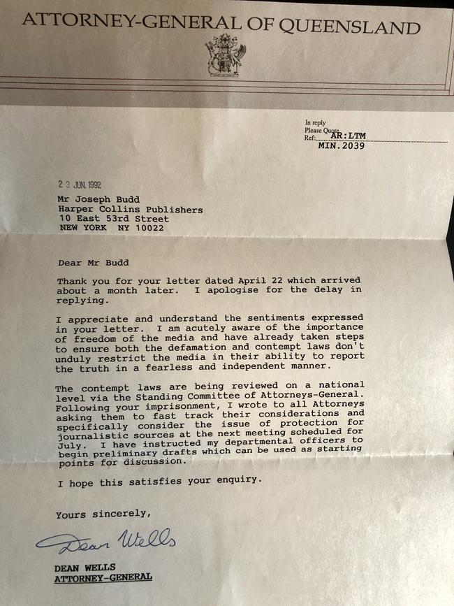 Attorney-General Dean Wells wrote in support of legal protections for journalists in 1992 after the jailing of journalist Joe Budd for refusing to name a confidential source.