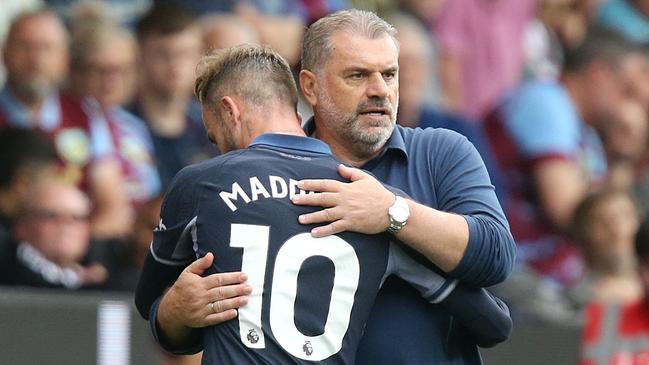 BURNLEY, ENGLAND - SEPTEMBER 2: ttenham Hotspur manager Ange Postecoglou embraces James Maddison as he is substituted late in the game during the Premier League match between Burnley FC and Tottenham Hotspur at Turf Moor on September 2, 2023 in Burnley, England. (Photo by Rich Linley - CameraSport via Getty Images)