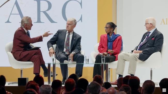 Jordan Peterson, John Anderson, Ayaan Hirsi Ali and Os Guinness on a panel at the Alliance for Responsible Citizenship conference in London.