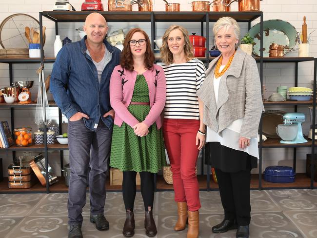 ‘They’re just crackers’, says Beer of Bake Off hosts and comedians Mel Buttle and Claire Hooper, pictured here with Moran and Beer. Picture: Matt Wilson / Foxtel