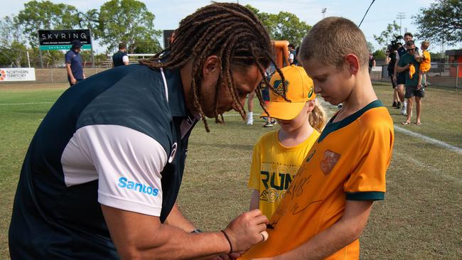 Issak Fines-Leleiwasa as the Wallabies get around the NT Rugby Union community before the 2023 World Cup. Picture: Pema Tamang Pakhrin