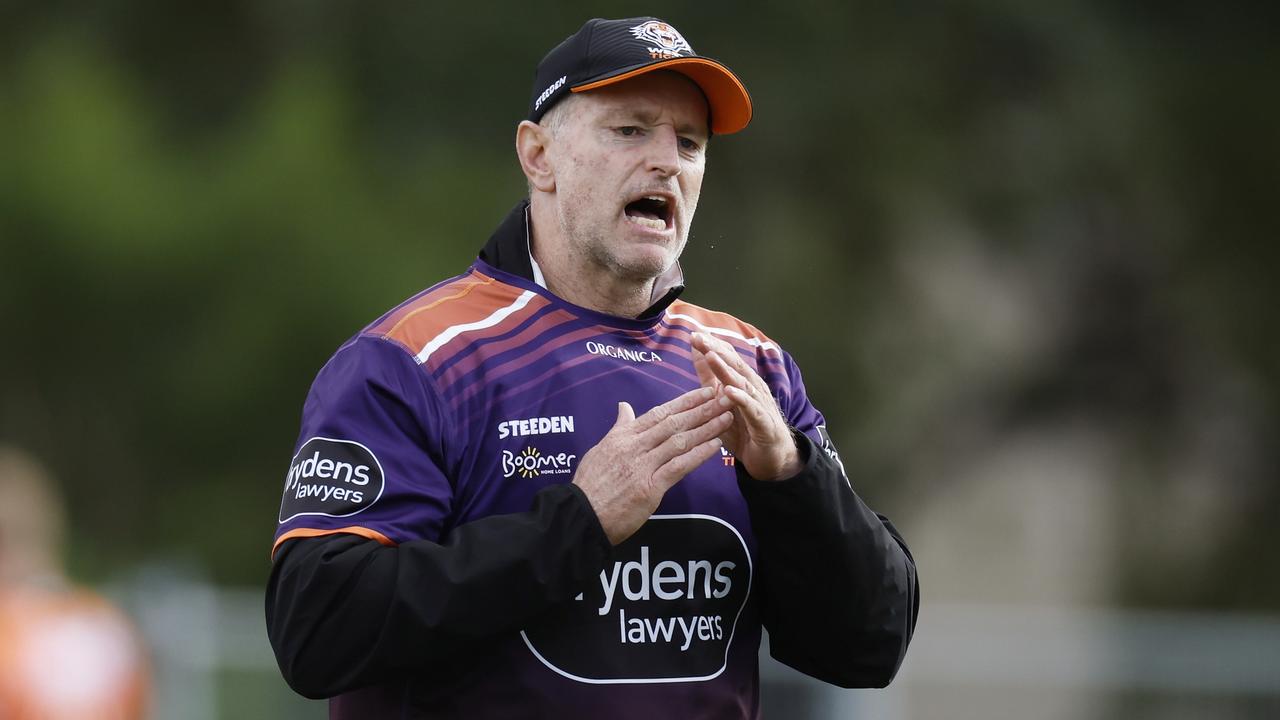 SYDNEY, AUSTRALIA - APRIL 13: Wests Tigers coach Michael Maguire reacts during a Wests Tigers NRL training session at St Lukes Park North on April 13, 2022 in Sydney, Australia. (Photo by Mark Evans/Getty Images)
