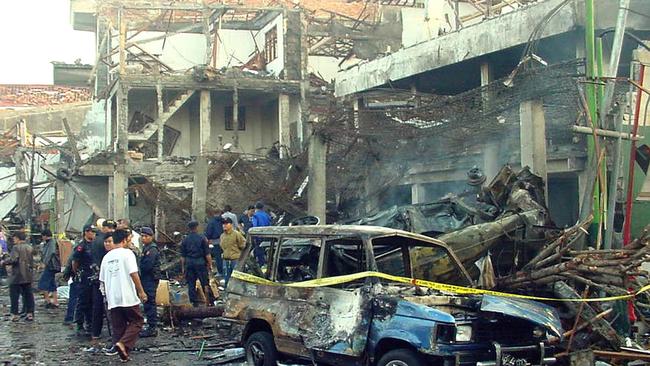 The scene of the Bali bombings car bomb explosion.