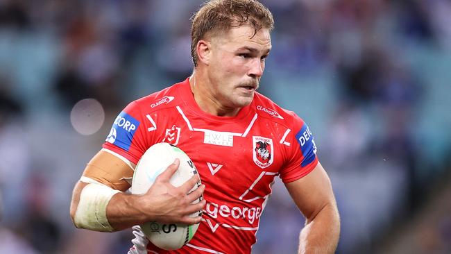 SYDNEY, AUSTRALIA - JUNE 14:  Jack De Belin of the Dragons runs the ball up during the round 14 NRL match between the Canterbury Bulldogs and the St George Illawarra Dragons at Stadium Australia, on June 14, 2021, in Sydney, Australia. (Photo by Mark Kolbe/Getty Images)