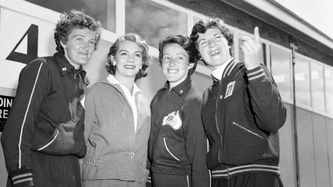 Carol Bernoth (far right) pictured with Norma Crocker (left), Miss Queensland Robin Allingham and Maragret Johnson at the Olympic Games in Melbourne. Picture: Al Pascoe.