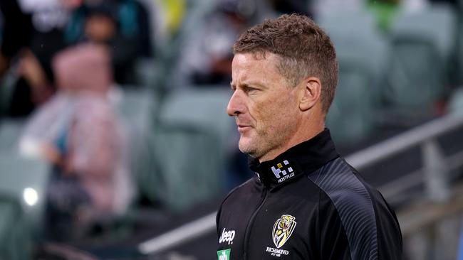 Damien Hardwick was involved in his own incident with a fan at Adelaide Oval this year. Picture: James Elsby/AFL Photos via Getty Images