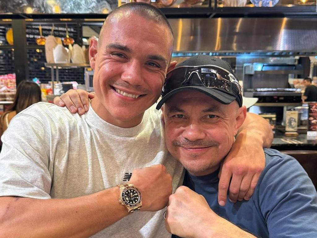 Tim and Kostya Tszyu caught up in Thailand earlier this year after a long absence. Picture: Supplied