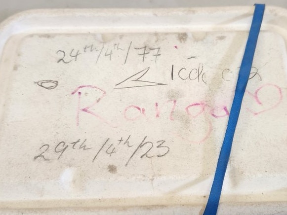 A container of ashes has been mysteriously left on a bus prompting police to find its owner.  It had the word Ranga written on it. This container of ashes was left on a bus in Rockingham on 24/02/24. Picture: Rockingham Police.