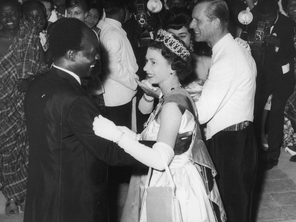 The Queen caused a sensation when she joyfully danced with Ghanaian president Kwame Nkrumah at a ball in 1961. Picture: Central Press/Getty Images