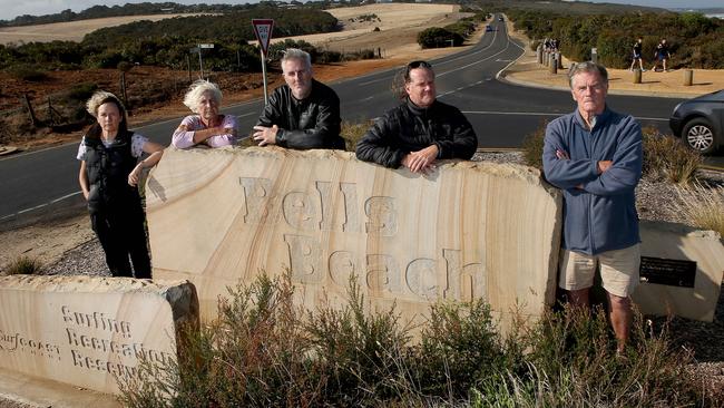 L-R Theresa Rose-Ham, Helen Black, Jeremy Ham, Red Whyte and Dan Botterill are concerned about driver safety around Bells Beach. Picture: Pat Scala.