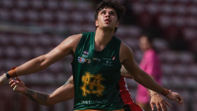 St Mary’s ruckman Braxton AhMat grabs front position in this marking contest. Picture: GLENN CAMPBELL