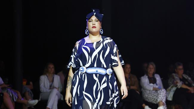 A model wears a design by the Tafe Cultural Arts students at the Cairns Indigenous Art Fair fashion performance, Woven, held at the Tanks Arts Centre, Edge Hill. Picture: Brendan Radke