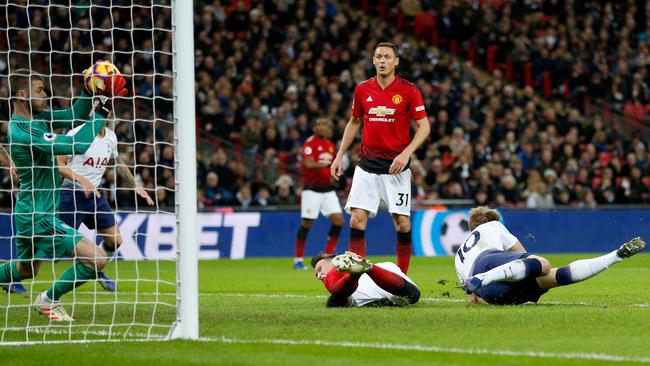 Manchester United’s David de Gea saves a shot from Tottenham Hotspur striker Harry Kane at Wembley. Picture: AFP.