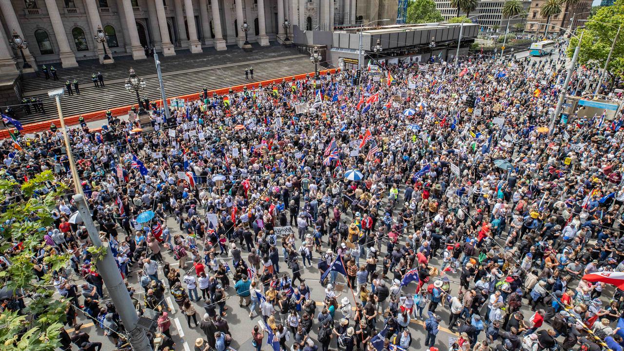 Protesters gather at the Victorian State Parliament in Melbournes CBD to protest Covid vaccine mandates. Picture: Jason Edwards